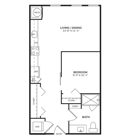 Floor plan for studio, 1 bath, 558 sqft